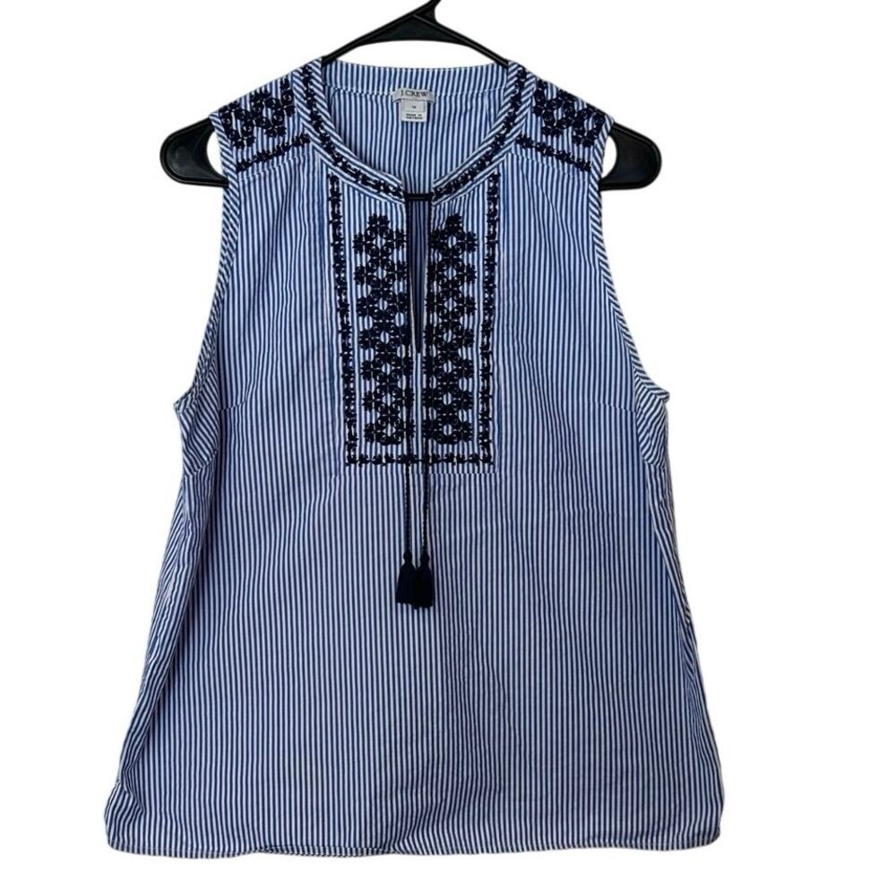 J. Crew Embroidered Striped Poplin Sleeveless Top Size 12‎ Tassels Preppy Summer